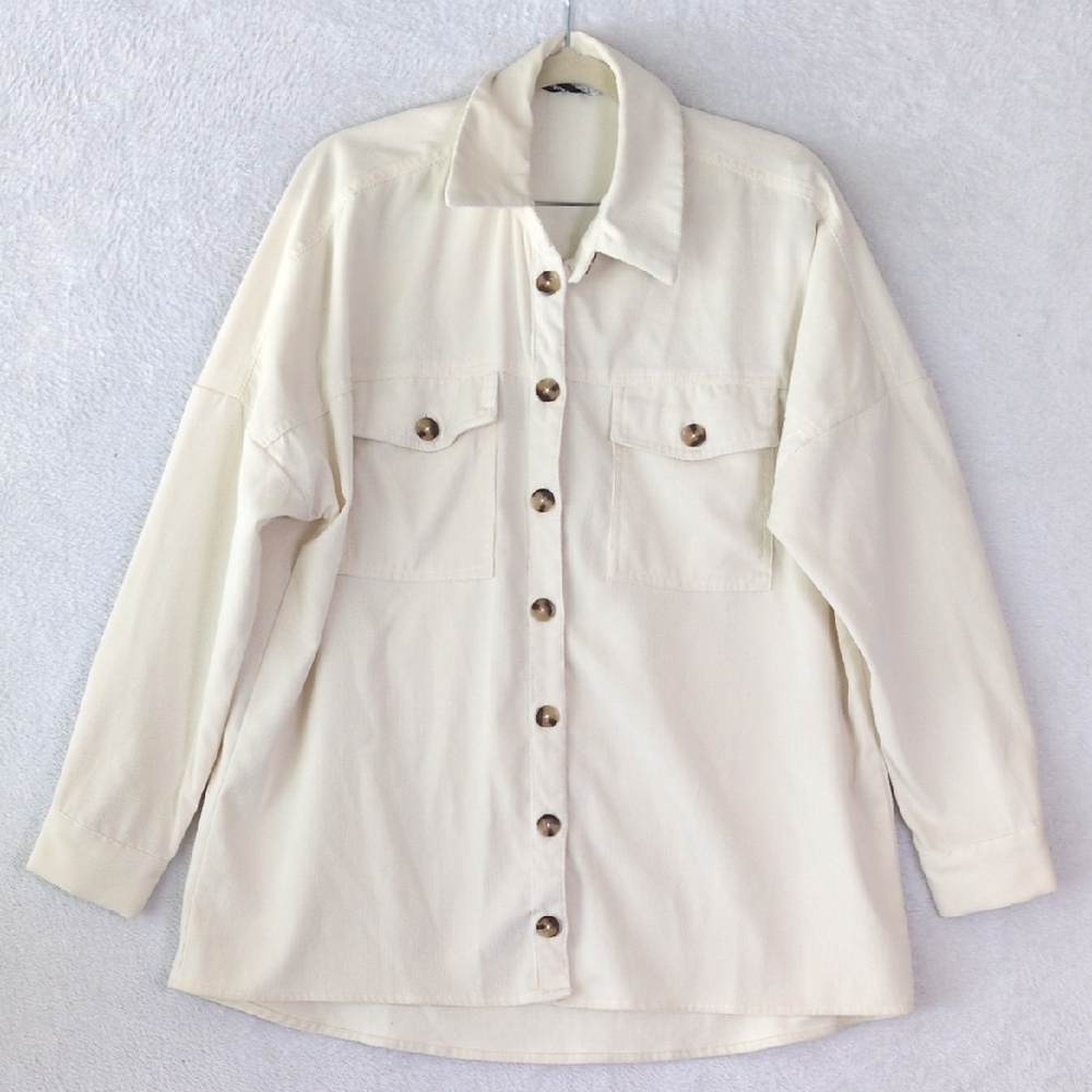 Stradivarius Women's White Corduroy Oversized Button Shirt Size S